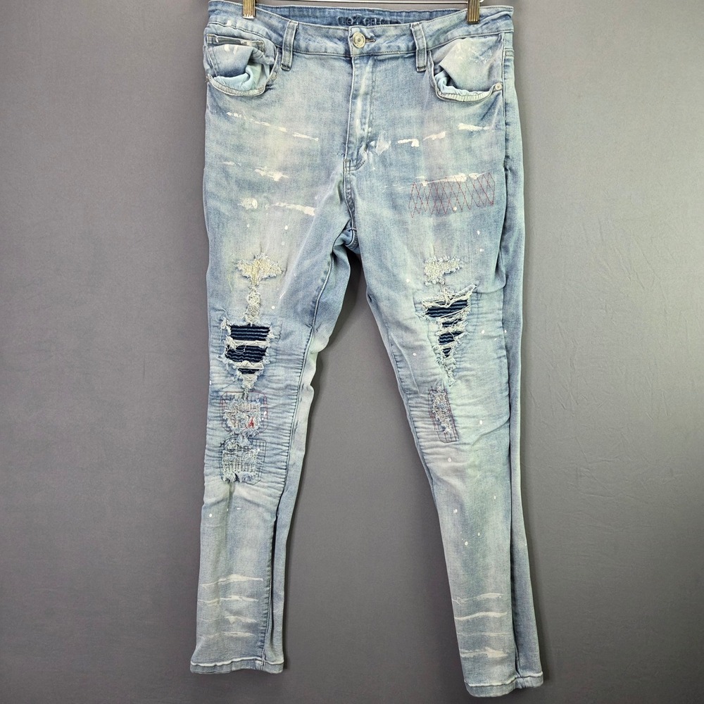 Rue21 Premium Jeans Slim Taper Supreme Flex 38/32 Light Wash Distressed Splatter